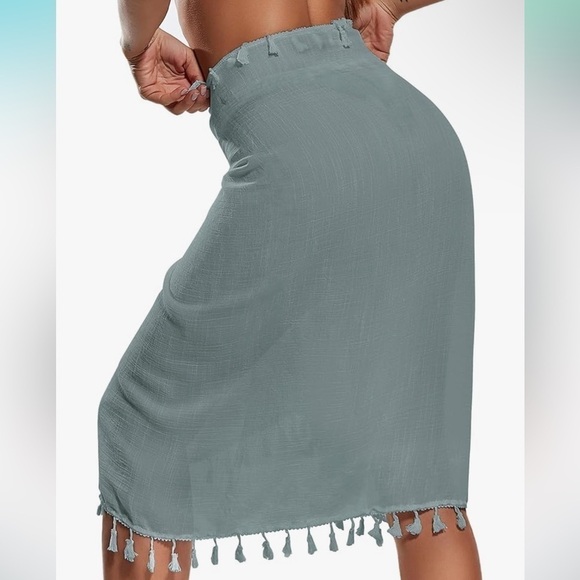 NEW Swimsuit Beach Pool Cover Up Skirt Tassel Wrap Sarong Green One Size - Picture 3 of 6